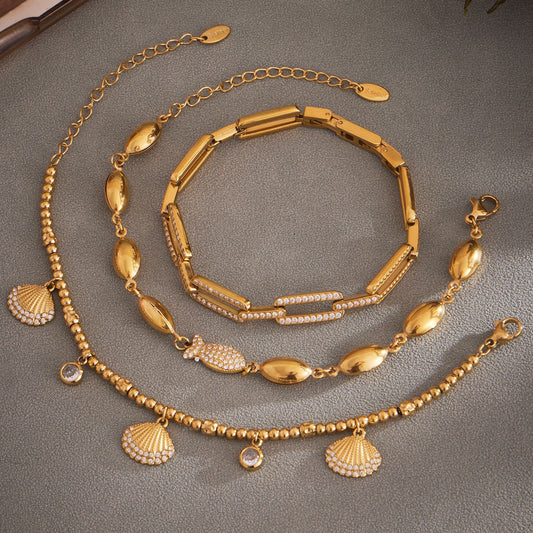 Hand-Assembled Full Zirconia Fish Link Bracelet - Features Hollow Oval Charms and a High-Gloss Polished Chain-ALB