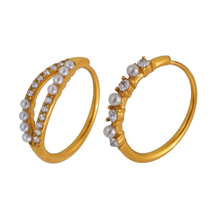 Minimalist Euro-American Stackable Ring - Zircon and Pearl Bead Design on Durable Stainless Steel, Ideal for Daily Wear and Gifting-ALB