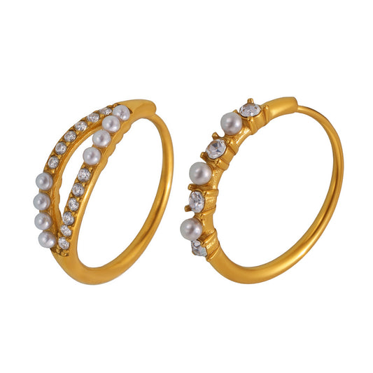 Minimalist Euro-American Stackable Ring - Zircon and Pearl Bead Design on Durable Stainless Steel, Ideal for Daily Wear and Gifting-ALB