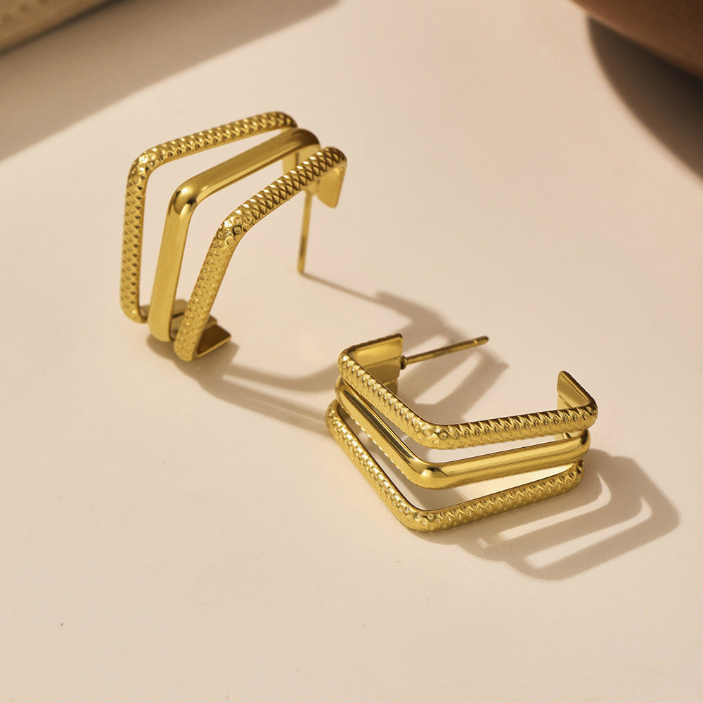 Geometric C-Line Earrings with Two-Tone Hollow-Out Design - 18K Gold Plated Titanium Steel, Hypoallergenic & Lightweight-ALB