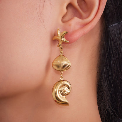Statement Conch & Starfish Dangle Earrings - PVD 18K Gold Plated Over Stainless Steel, Heavy Craftsmanship for a Bold Ocean Look-ALB
