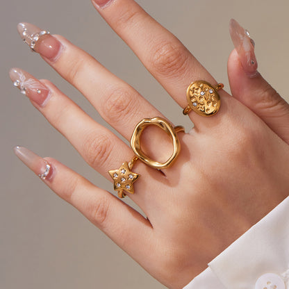 Micro-Pavé Zirconia Star Open Ring Collection - 18K Gold Plated Stainless Steel, Hypoallergenic and Adjustable for Stacking-ALB