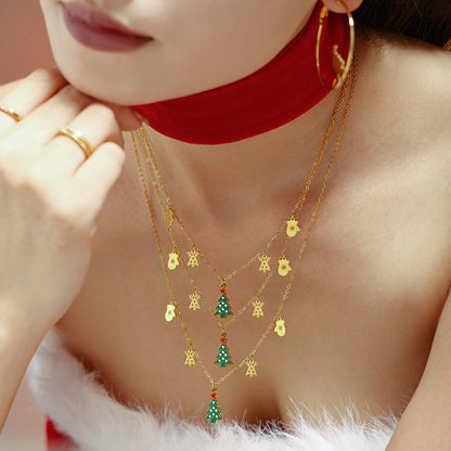 Adjustable Christmas Charm Necklace - Features Green Oil Drip Zirconia Tree, Reindeer, and Mitten, A Complete Holiday Story on One Chain-ALB