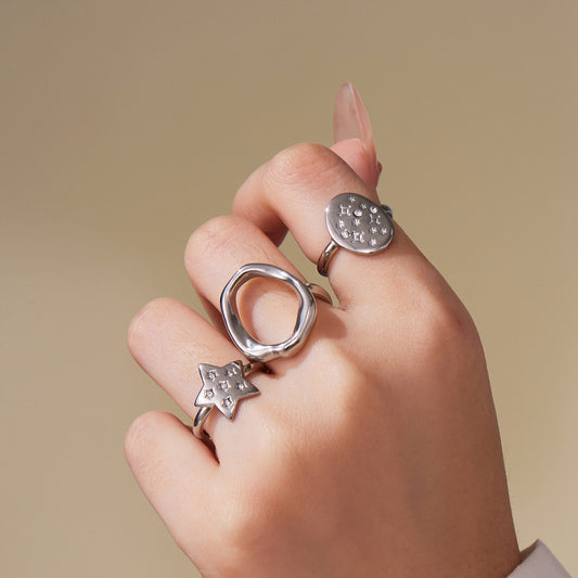 Micro-Pavé Zirconia Star Open Ring Collection - 18K Gold Plated Stainless Steel, Hypoallergenic and Adjustable for Stacking-ALB