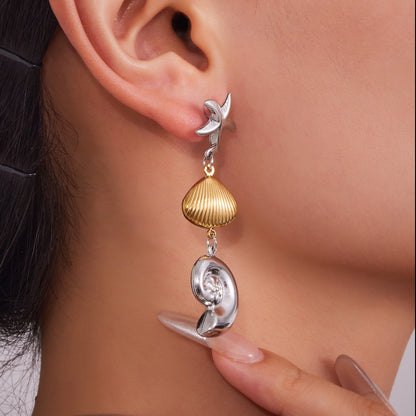 Statement Conch & Starfish Dangle Earrings - PVD 18K Gold Plated Over Stainless Steel, Heavy Craftsmanship for a Bold Ocean Look-ALB