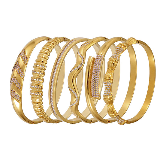 Adjustable Open Cuff Bamboo Bracelet - Irregular Geometric Shape with Zirconia, 18K Gold Plated, Ideal for Stacking and Layering-ALB