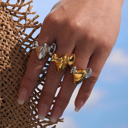 European and American Style Geometric Two-Tone Ring - PVD 18K Gold Plated Over Stainless Steel, Heavy Duty Open Cuff Finger Ring-ALB