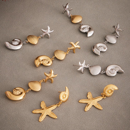 Statement Conch & Starfish Dangle Earrings - PVD 18K Gold Plated Over Stainless Steel, Heavy Craftsmanship for a Bold Ocean Look-ALB