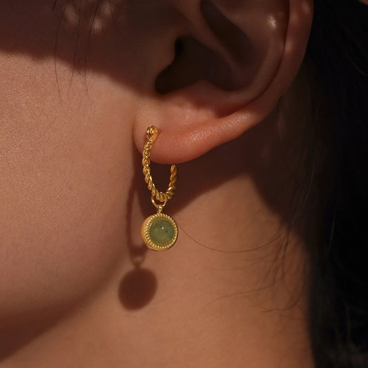 Twisted Rope Green Agate Ear Clip - PVD 18K Gold Plated Over Stainless Steel, Non-Piercing Ear Cuff with Luxe Aesthetic-ALB