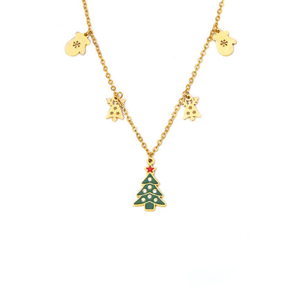 Adjustable Christmas Charm Necklace - Features Green Oil Drip Zirconia Tree, Reindeer, and Mitten, A Complete Holiday Story on One Chain-ALB