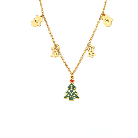 Adjustable Christmas Charm Necklace - Features Green Oil Drip Zirconia Tree, Reindeer, and Mitten, A Complete Holiday Story on One Chain-ALB