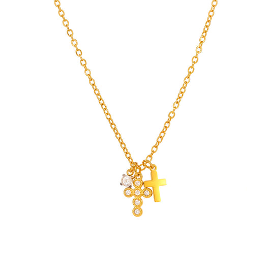Multi-Layer Cross Pendant Necklace with 5A Zircon - 18K Gold Plated Stainless Steel Collar Chain, Trendy Layered Look-ALB