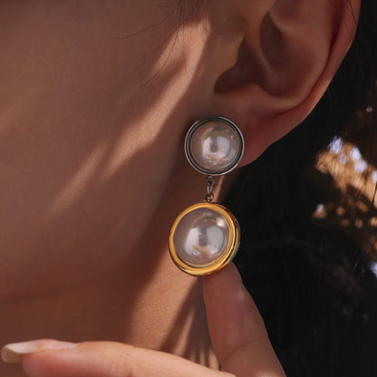 High-Shine Rainbow Pearl Earrings with Color-Mixing Design - Princess Style Stainless Steel Dangle Earrings, Face-Slimming Effect for Daily Wear-ALB