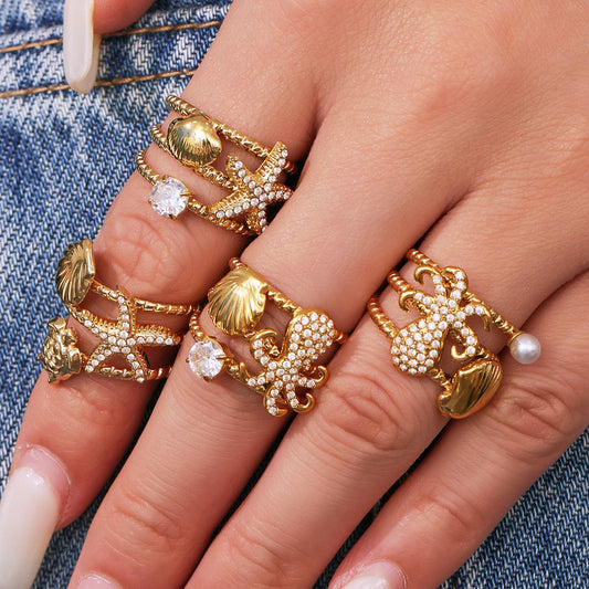 Ocean Breeze Zircon Shell Ring - Featuring Starfish and Octopus, 18K Gold Plated Stainless Steel, Openwork Adjustable Ring-ALB