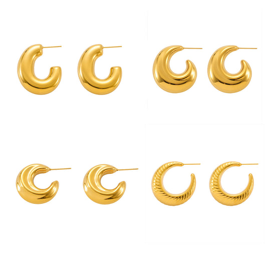 Lightweight Hollow C-Shape Studs - Fade-Resistant 18K Gold Plated over Stainless Steel, Comfort Fit for Sensitive Ears