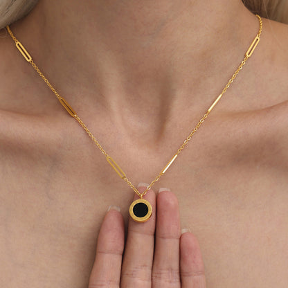 Adjustable Love Series Jewelry - Roman Numeral Engraved Pendant with Natural Black White Shell Beads, Hypoallergenic 18K Gold Plated Stainless Steel-ALB