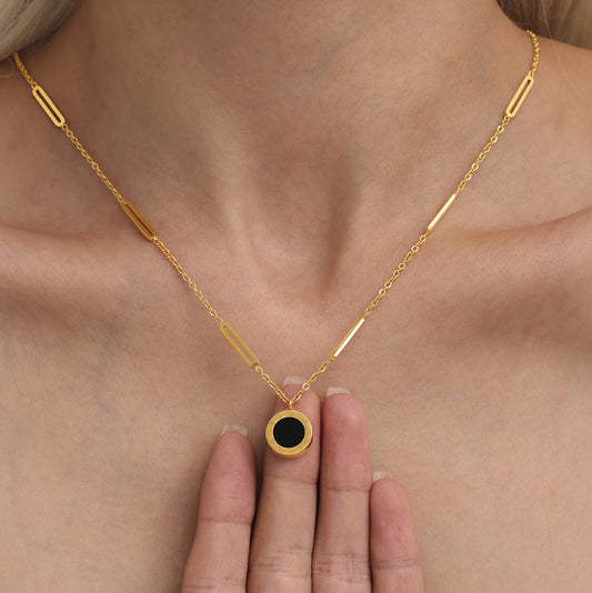 Adjustable Love Series Jewelry - Roman Numeral Engraved Pendant with Natural Black White Shell Beads, Hypoallergenic 18K Gold Plated Stainless Steel-ALB