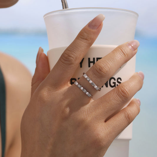 Minimalist Euro-American Stackable Ring - Zircon and Pearl Bead Design on Durable Stainless Steel, Ideal for Daily Wear and Gifting-ALB
