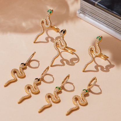 Luxury 5A Zirconia Snake Jewelry Set - Full Pave Ring and Earrings, 316L Stainless Steel with 18K Gold Plating, Adjustable & Tarnish-Resistant-ALB