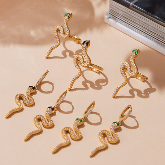 Luxury 5A Zirconia Snake Jewelry Set - Full Pave Ring and Earrings, 316L Stainless Steel with 18K Gold Plating, Adjustable & Tarnish-Resistant-ALB