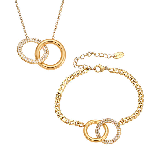 Double Ring Interlocking Chain Set - Minimalist 18K Gold Plated Stainless Steel Jewelry with Zircon Stones-ALB