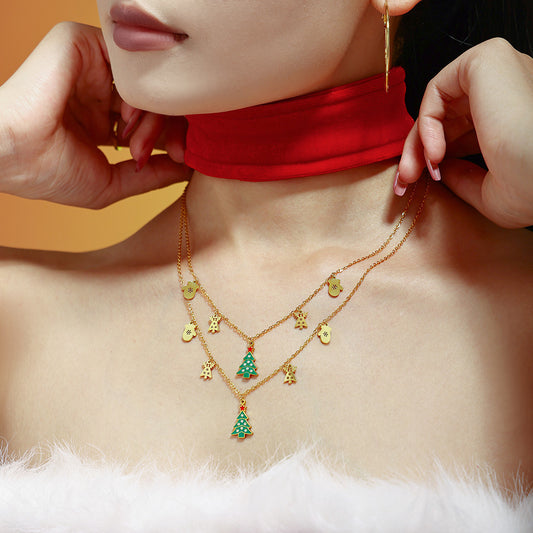 Adjustable Christmas Charm Necklace - Features Green Oil Drip Zirconia Tree, Reindeer, and Mitten, A Complete Holiday Story on One Chain-ALB