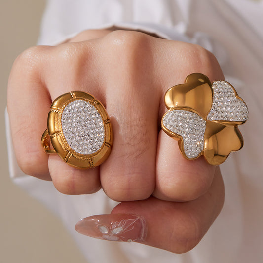 Adjustable Four-Leaf Clover Ring - Mud-Set Diamonds on 18K Gold Plated Titanium Steel, Symbol of Luck and Elegance-ALB