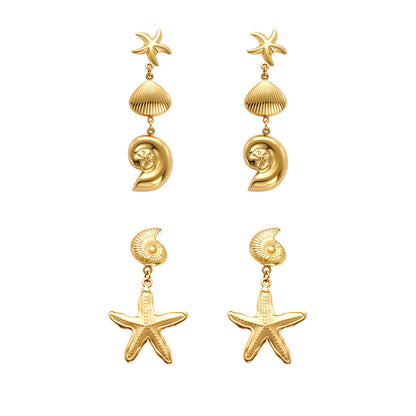 Statement Conch & Starfish Dangle Earrings - PVD 18K Gold Plated Over Stainless Steel, Heavy Craftsmanship for a Bold Ocean Look-ALB