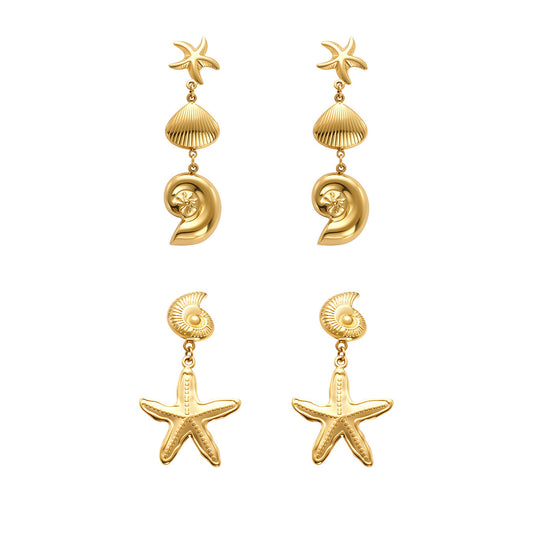 Statement Conch & Starfish Dangle Earrings - PVD 18K Gold Plated Over Stainless Steel, Heavy Craftsmanship for a Bold Ocean Look-ALB