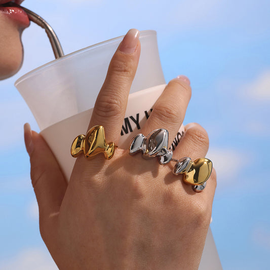 European and American Style Geometric Two-Tone Ring - PVD 18K Gold Plated Over Stainless Steel, Heavy Duty Open Cuff Finger Ring-ALB