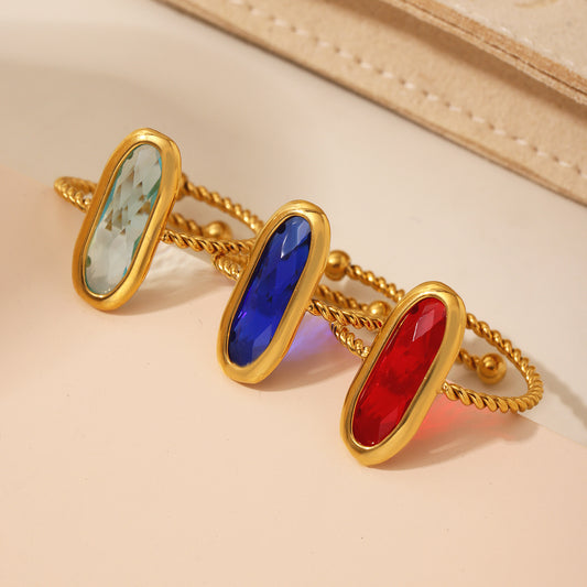 Czech Glass & Threaded Bead Open Ring for Women - 18K Gold Plated Stainless Steel, European and American Light Luxury Jewelry-ALB