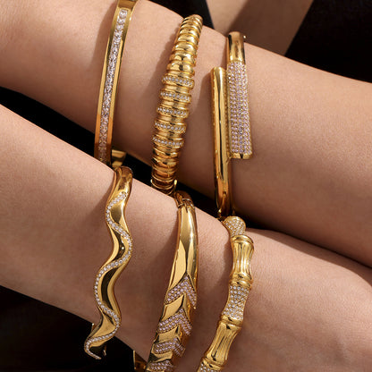 Adjustable Open Cuff Bamboo Bracelet - Irregular Geometric Shape with Zirconia, 18K Gold Plated, Ideal for Stacking and Layering-ALB