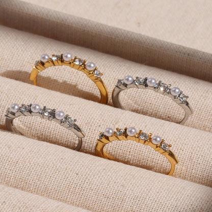 Minimalist Euro-American Stackable Ring - Zircon and Pearl Bead Design on Durable Stainless Steel, Ideal for Daily Wear and Gifting-ALB
