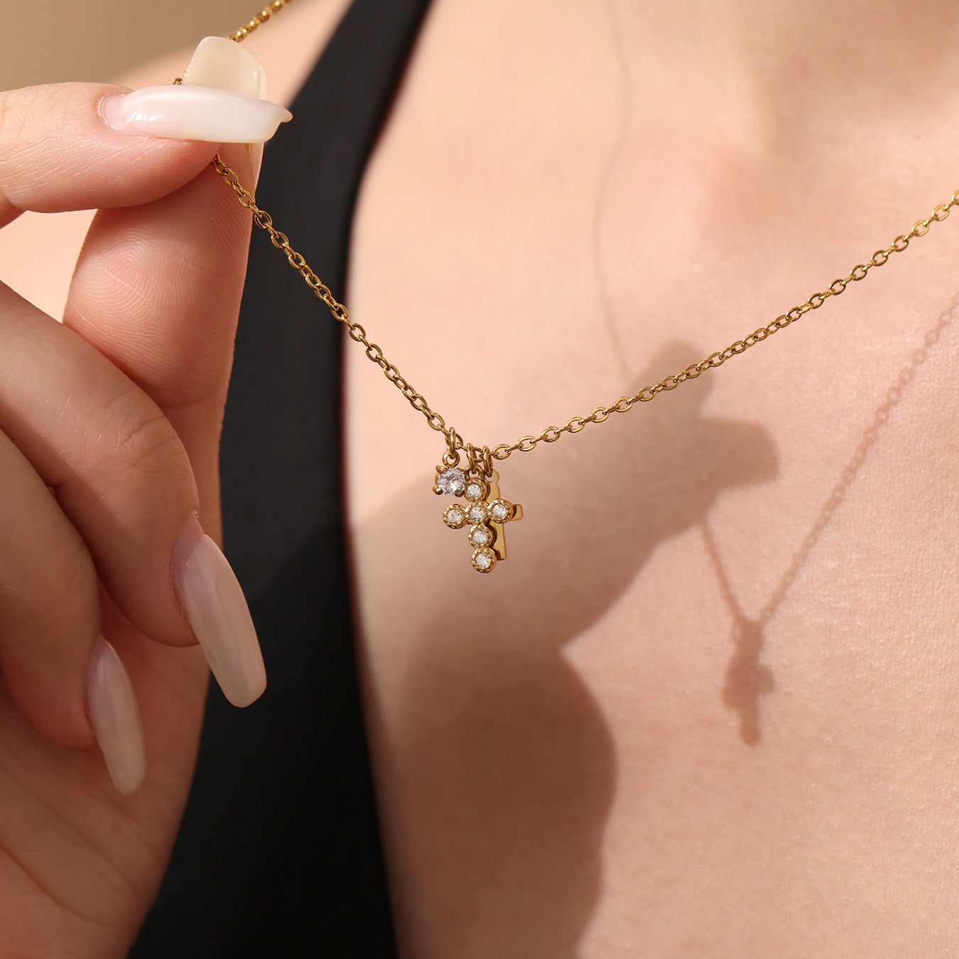 Multi-Layer Cross Pendant Necklace with 5A Zircon - 18K Gold Plated Stainless Steel Collar Chain, Trendy Layered Look-ALB