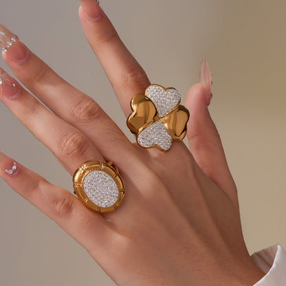 Adjustable Four-Leaf Clover Ring - Mud-Set Diamonds on 18K Gold Plated Titanium Steel, Symbol of Luck and Elegance-ALB