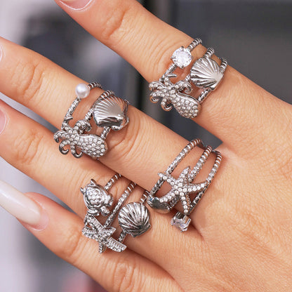 Ocean Breeze Zircon Shell Ring - Featuring Starfish and Octopus, 18K Gold Plated Stainless Steel, Openwork Adjustable Ring-ALB