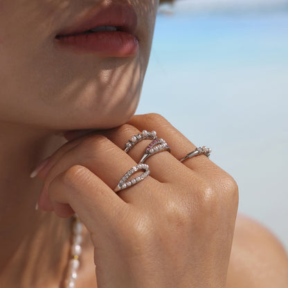 Minimalist Euro-American Stackable Ring - Zircon and Pearl Bead Design on Durable Stainless Steel, Ideal for Daily Wear and Gifting-ALB