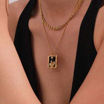 Artisanal Oil Drip Effect Square Pendant Necklace - Double-Layer Clavicle Chain, Hypoallergenic and Adjustable for Sensitive Skin-ALB