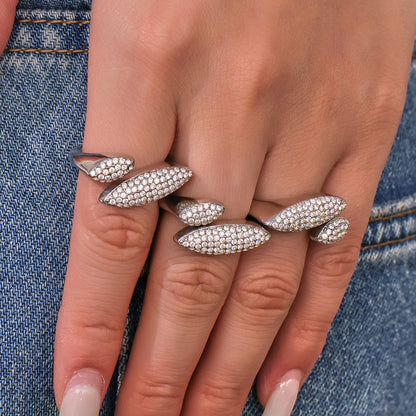 Hypoallergenic Full Pave Zirconia Geometric Ring - Stainless Steel Open Band, Adjustable Fit for Sensitive Skin, Modern Artisan Design -ALB