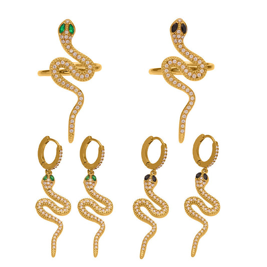 Luxury 5A Zirconia Snake Jewelry Set - Full Pave Ring and Earrings, 316L Stainless Steel with 18K Gold Plating, Adjustable & Tarnish-Resistant-ALB