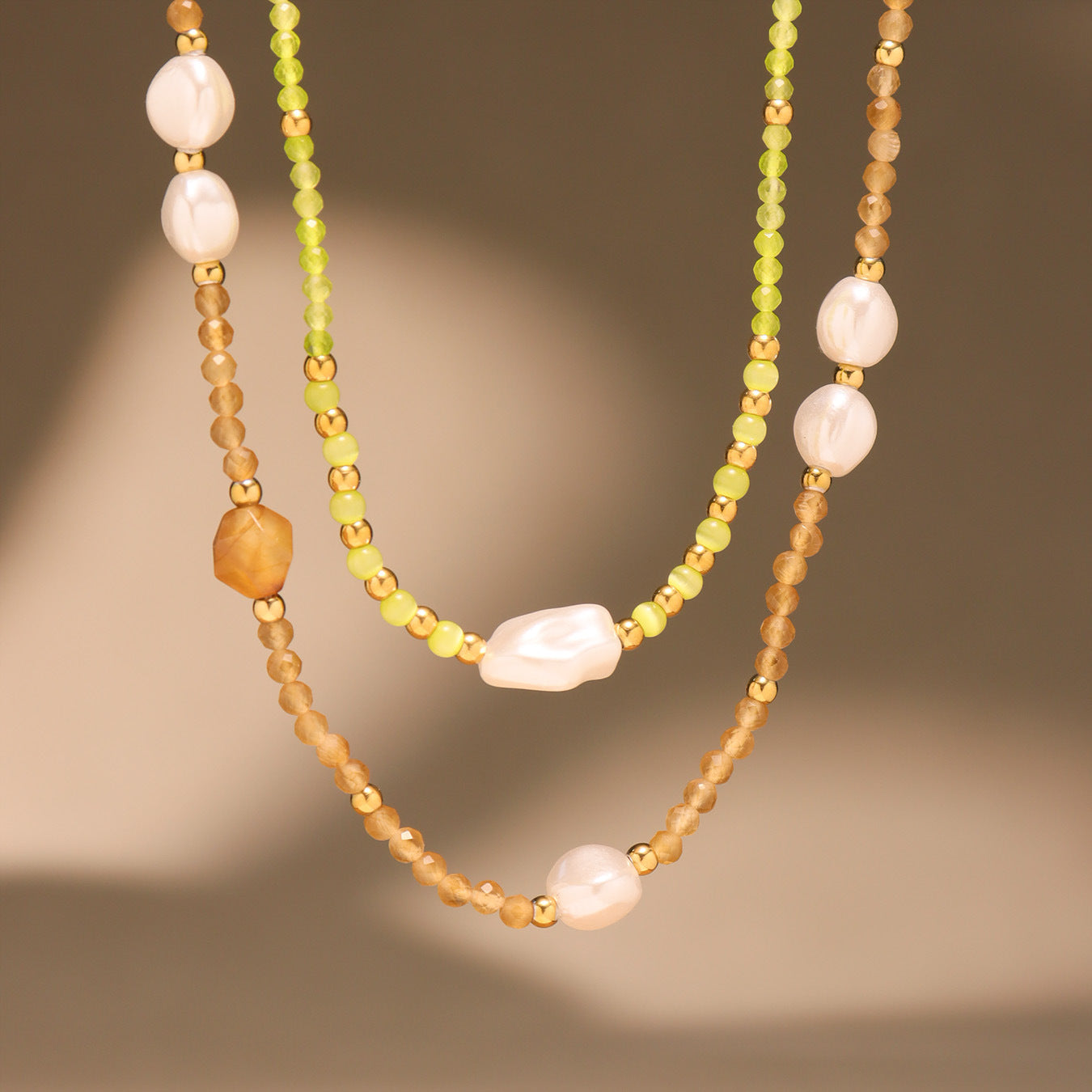Adjustable French Style Collarbone Necklace - Ultra-Fine Faceted Cat's Eye Stone and Shell Beads, Lightweight and Comfortable for Sensitive Skin-ALB
