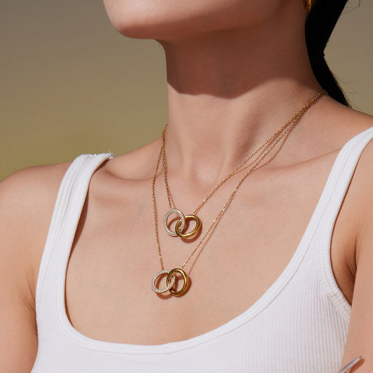 Double Ring Interlocking Chain Set - Minimalist 18K Gold Plated Stainless Steel Jewelry with Zircon Stones-ALB