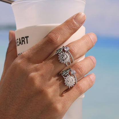Botanical Mythical Open Ring - 5A Green Zirconia Cactus and Sun Goddess Motif, Artisan Adjustable Band for Everyday Wear-ALB