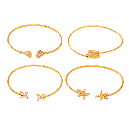 Ocean Series 5A Zirconia Fish and Starfish Bracelet - Adjustable Open Design in 18K Gold Plated Stainless Steel, Light Luxury Marine Theme Jewelry-ALB