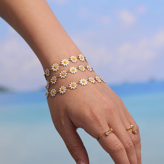 Three-Piece Floral Charm Set - Delicate Daisy Design with Oil-Drip Color on 18K Gold Plated Chain, Ideal for Daily Wear-ALB