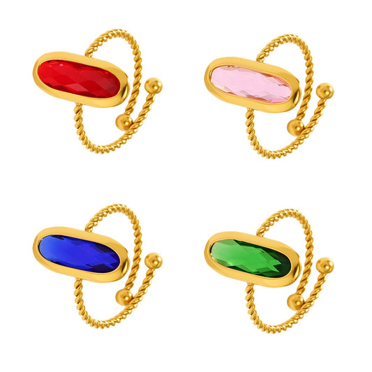 Czech Glass & Threaded Bead Open Ring for Women - 18K Gold Plated Stainless Steel, European and American Light Luxury Jewelry-ALB