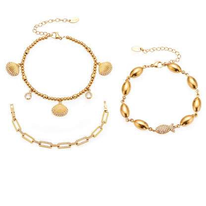 Hand-Assembled Full Zirconia Fish Link Bracelet - Features Hollow Oval Charms and a High-Gloss Polished Chain-ALB