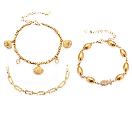 Hand-Assembled Full Zirconia Fish Link Bracelet - Features Hollow Oval Charms and a High-Gloss Polished Chain-ALB